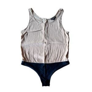 Kova + T Silk Bodysuit Tan Nude Sleeveless Button Down Back Snap Closure